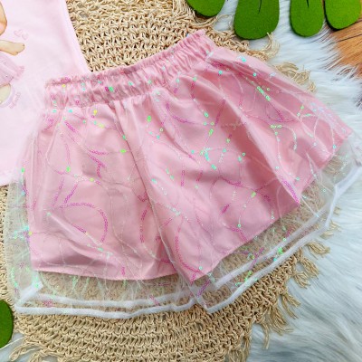 Conj. Regata Ursinha e Short Saia em Tule com Paetê - Rosa